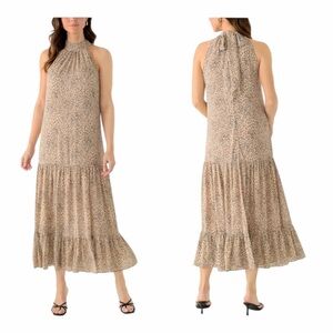 NWT! Vince Camuto Tiered Maxi Dress with Bow Back Light Camel Multi. Size Small.